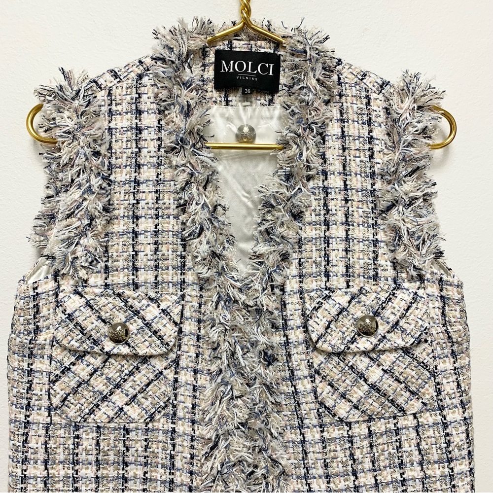 Molci Frayed Tweed Longline Blazer Vest‎ Size 36 / US S Open Front White Multi - Picture 3 of 16